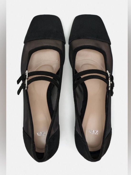 Zara Shoes - ZARA Black Mesh Mary Jane Block Heels Double Strap Square Toe Sz 38 (8)